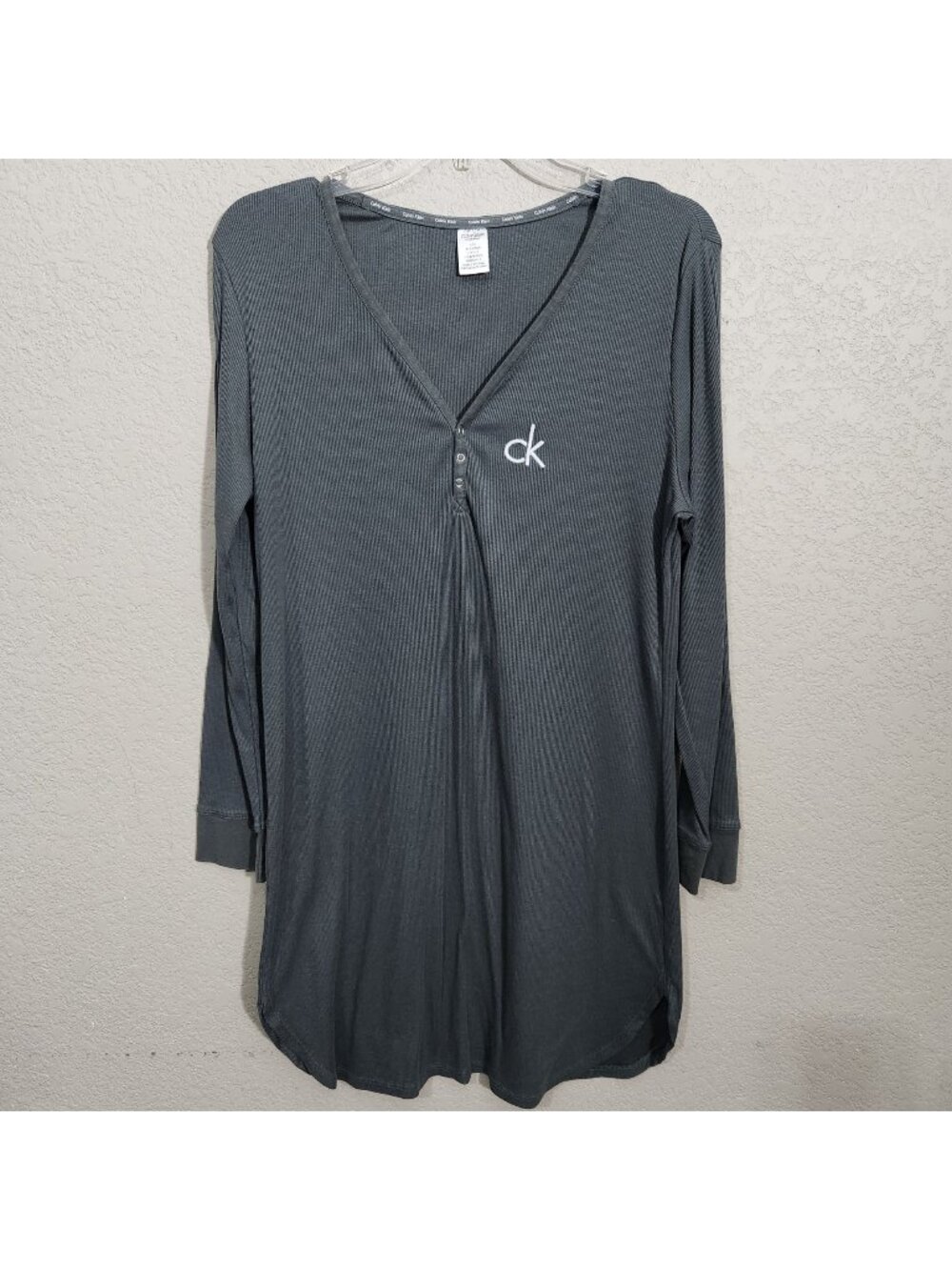 Calvin Klein Gray Long Sleeve Ribbed Sleep Shirt Womens Size L